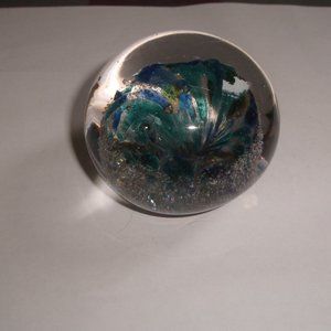 Art glass paperweight blue turquoise swirls bubbles